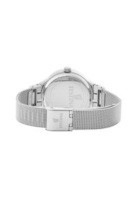 Sudraba acu sieta josta pulkstenis ar apaļu nerūsējošā tērauda korpusu. Iespējas ietver vienkāršu metalizētu apdari un sprādzi drošai aizdarei.