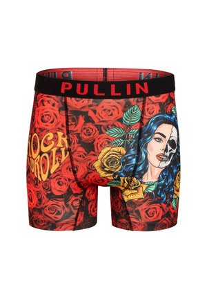 Boxers à motif de roses rouges présentant une femme aux cheveux bleus et un crâne, avec une taille noire portant l'inscription "PULLIN."