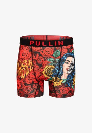 Boxers à motif de roses rouges présentant une femme aux cheveux bleus et un crâne, avec une taille noire portant l'inscription "PULLIN."
