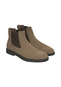 Stivali Chelsea in suede marrone con pannelli elastici neri e suole in gomma nera, mostrati come un paio da un'angolazione laterale.