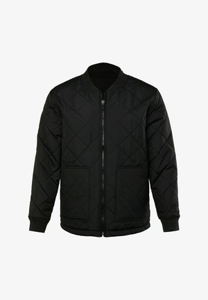 Chaqueta bomber acolchada negra con cremallera frontal, puños acanalados y dos bolsillos laterales. Presenta un diseño de cuello redondo y textura suave.