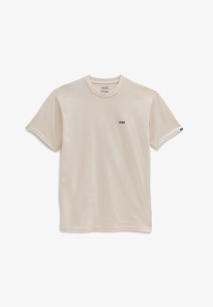 Effen gebroken wit Vans T-shirt met korte mouwen, ronde hals en klein Vans-logo op de linkerborst en een label op de mouw.
