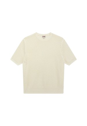 Kremowy sweter dzianinowy z krótkim rękawem, wzorem ażurowym oraz ściągaczami na mankietach i dole, marki Guess.