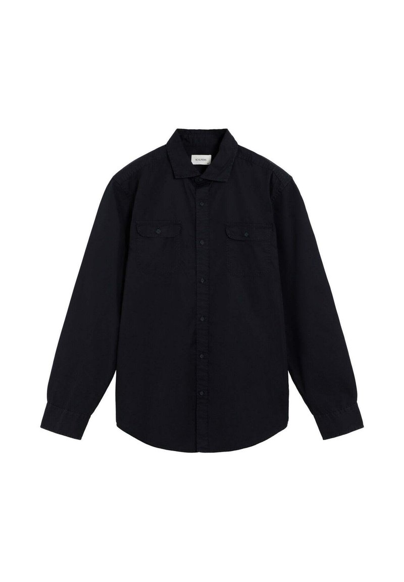 Camicia nera a maniche lunghe con bottoni, realizzata in cotone, con due tasche sul petto e colletto classico. Tessuto liscio senza fantasie.