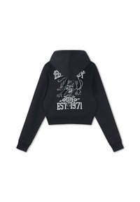 Zwarte cropped hoodie met witte afbeelding van een panter, rozen en de tekst "EST. 1971" op de rug.