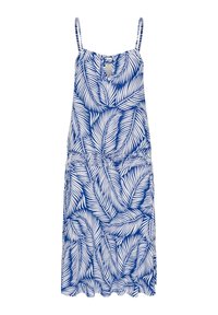 Robe bleue avec un motif de feuilles blanches, bretelles spaghetti, taille froncée et ourlet évasé. Fabriquée en tissu léger, texture douce.