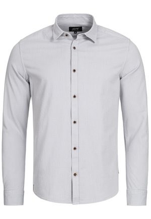 Helles graues Langarmhemd aus weichem Material, mit einer Knopfleiste vorne und braunen Knöpfen sowie einem klassischen Kragen.