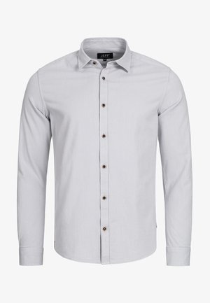 Helles graues Langarmhemd aus weichem Material, mit einer Knopfleiste vorne und braunen Knöpfen sowie einem klassischen Kragen.