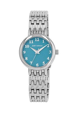 Silberne Edelstahl-Armbanduhr mit rundem türkisfarbenem Zifferblatt, weißen Stundenmarkierungen und einer Krone an der Seite. Markenname: Just Watch.
