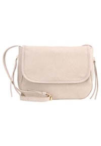 Beżowa torebka na ramię z syntetycznej skóry z zapięciem na klapę, regulowanym paskiem i zewnętrznym zamkiem błyskawicznym. Zawiera delikatne frędzle jako ozdobę.