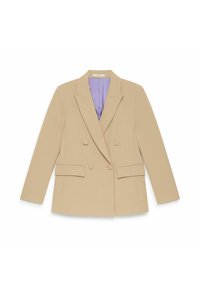 Blazer doppiopetto color beige con silhouette strutturata, rever a lancia, due tasche frontali e fodera a contrasto viola.