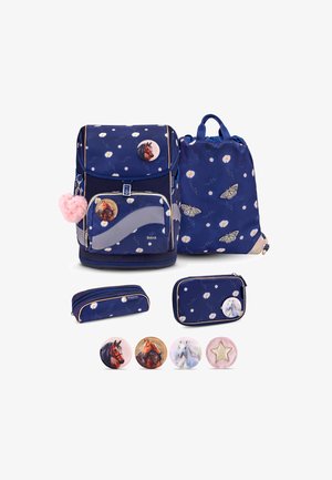 Navy blue school backpack set with daisy and butterfly patterns, pink heart keychain, horse-themed pins, pencil case, and matching drawstring bag.