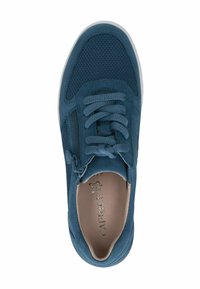 Blue sneaker with a mesh and suede upper, round toe, front laces, and side zipper. Flat white sole and textured accents throughout.
