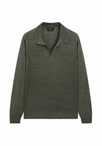 Khaki groene longsleeve pullover met een kraaghalslijn en geribde manchetten. Zachte textuur; minimalistisch ontwerp zonder patronen of accenten.