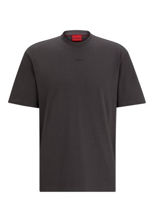 Dark gray short-sleeve crew neck T-shirt with subtle embossed "HUGO" logo on chest and red inner collar label.