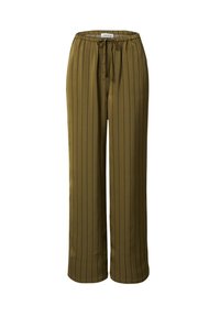 Olijfgroene wijde broek met verticale zwarte strepen, gemaakt van soepele stof, met een elastische tailleband en verstelbaar trekkoord.