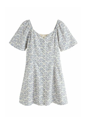 Kurzes blau-weißes Kleid mit Muschel-Muster, puffigen kurzen Ärmeln, Rundhalsausschnitt und Knöpfen vorne.