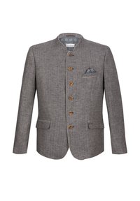 Gray tailored jacket with a high collar, wooden buttons, and two front pockets. Features a patterned lining and a small pocket square.