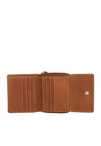 Brown leather wallet featuring multiple card slots, a zippered compartment, and a snap closure. Smooth texture and clean stitching details.