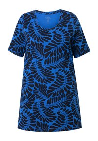 Túnica corta de manga corta en color azul, hecha de algodón, con un patrón de hojas negras. Cuello redondeado y corte relajado con costuras en el dobladillo.