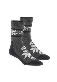 Graue Stricksocken mit einem weißen Schneeflockenmuster, geripptem Bündchen und verstärkter Zehenpartie. Aus weichem Material für maximalen Komfort hergestellt.