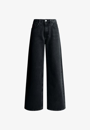 High-waisted black wide-leg jeans with front button and zipper, belt loops, and five-pocket style, shown against a white background.