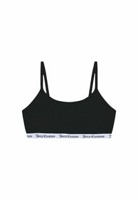 Čierny crop top s tenkými ramienkami, s bielym elastickým pásom, na ktorom je čierne potlačené logo "Juicy Couture". Hladká tkanina, jednoduchý dizajn.