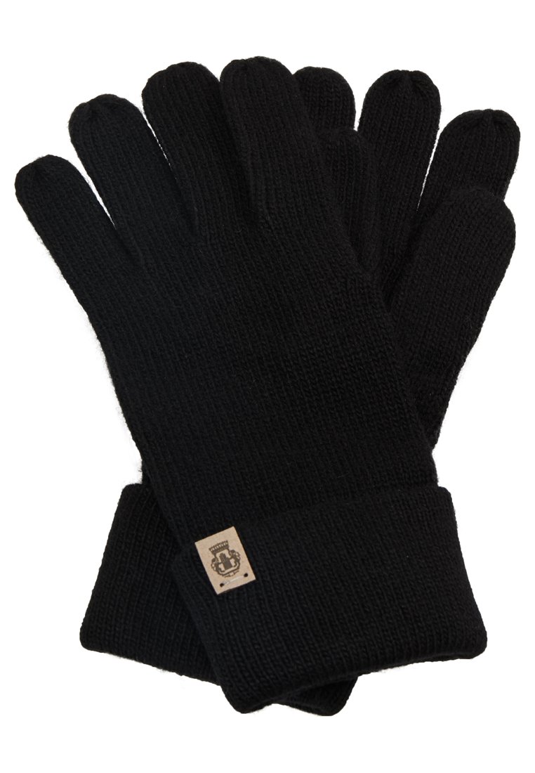 Schwarze Strickhandschuhe mit gerippter Textur, fünf Finger Design und einem kleinen quadratischen Stoffetikett am Handgelenk.