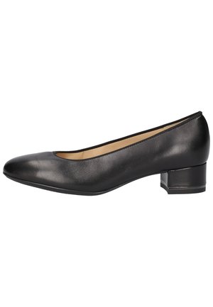 Black leather pump shoe with a rounded toe, low block heel, smooth texture, and a slip-on design, featuring minimal accents.