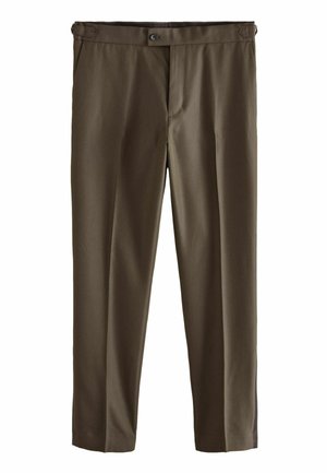 Pantalons marron sur mesure avec une coupe droite, dotés d'une fermeture à boutons, de passants de ceinture et d'une texture lisse. Pas de motifs ni d'accents visibles.