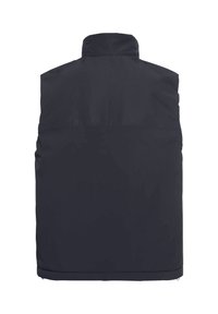 Schwarze gepolsterte Weste mit hohem Kragen, glatter Textur und ohne sichtbare äußere Taschen oder Verzierungen. Die Rückansicht zeigt ein einfaches Design.