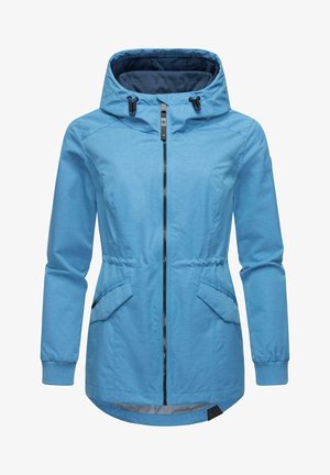 Veste bleu clair en tissu doux, dotée d'une fermeture éclair sur le devant, d'une capuche avec cordon de serrage et de deux poches latérales. Poignets et ourlet côtelés.