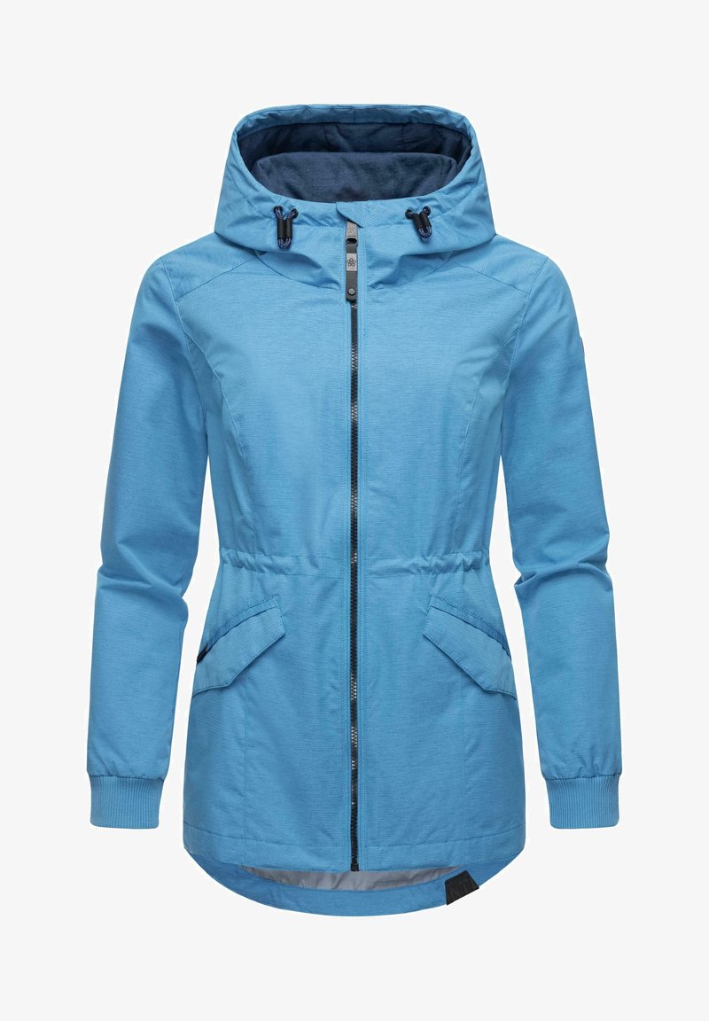 Svijetloplava jakna napravljena od mekanog materijala, s patentnim zatvaračem naprijed, kapuljačom s urezom i dva bočna džepa. Rebrasti rubovi na rukavima i donjem dijelu.