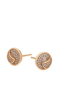 Guldfarvede studs med cirkulært design, prydet med funklende klare krystaller arrangeret i et bølgemønster og en glat metaloverflade.