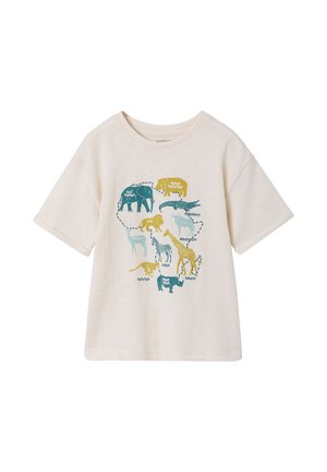 Beige children's t-shirt with colorful animal illustrations and labels including elephant, hippo, crocodile, lion, zebra, giraffe, and cheetah.