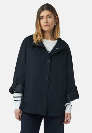 Navy blue coat with a wide collar, button closure, and rolled sleeves featuring a patterned inner lining. Made of lightweight fabric.
