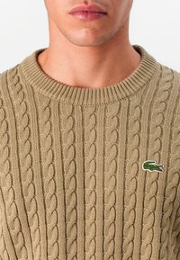Pull en maille beige avec col à côtes, orné d'un petit logo crocodile vert brodé sur le côté gauche.