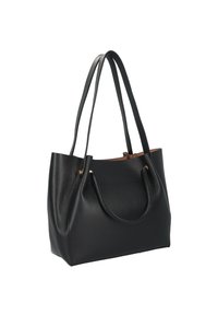 Borsa a tracolla in pelle nera con due manici lunghi, finitura texture, apertura superiore e interno contrastante in tono marrone chiaro. Presenta dettagli in oro vicino ai manici.