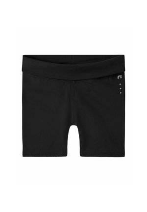 Short de sport noir ajusté avec une large taille et un petit logo réfléchissant ainsi que des points sur le côté gauche près de la taille.