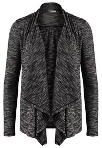 Svart och grå melerad öppen cardigan med långa ärmar, draperad krage och mjuk stickad textur. Har en flödande design och inga knäppningar.