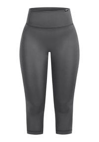 Leggings grigi con vita alta, realizzati in un tessuto liscio e elasticizzato. Presentano una lunghezza cropped e cuciture piatte per il massimo comfort.