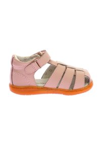 Rosa lädersandal med flera remmar, öppen tå och justerbar spänne. Har en strukturerad orange gummisåle. Inuti har den ett mönstrat foder.
