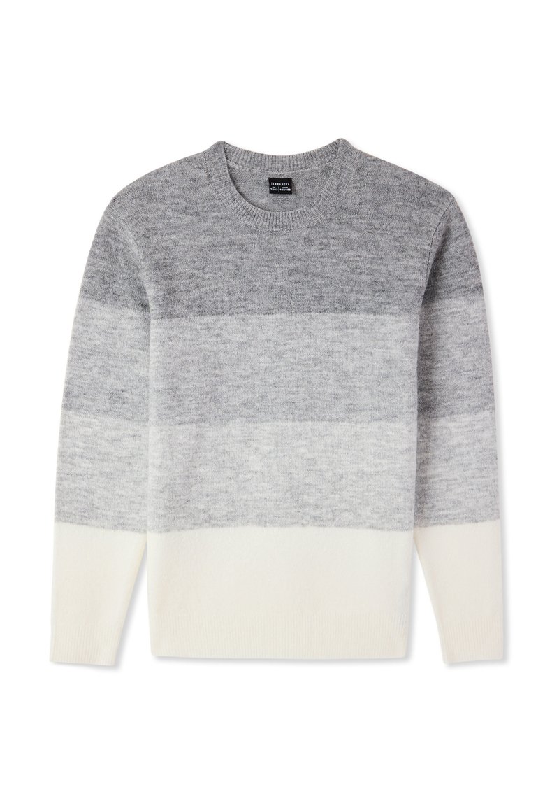 Szary i biały sweter w paski, wykonany z miękkiej dzianiny. Posiada okrągły dekolt i długie rękawy. Gradient kolorów od ciemnoszarego do jasnoszarego.