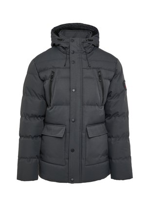 Wypełniona czarna kurtka z kapturem, z dwiema zasuwanymi kieszeniami na piersi i dwiema kieszeniami z klapką z przodu. Wykonana z gładkiego, wodoodpornego materiału.