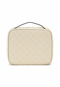 Sac rectangulaire beige en cuir texturé, présentant un motif en relief subtil. Il possède une fine anse sombre pour le transport.