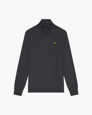 Sweatshirt preto com fecho zip em tecido suave, apresenta um colarinho alto e punhos canelados. Pequeno logótipo amarelo no lado esquerdo do peito. Textura lisa no geral.