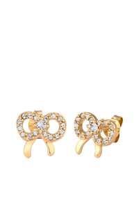 Boucles d'oreilles en or en forme de nœuds, ornées de strass transparents le long des bords et d'une pierre centrale, finition métallique lisse.