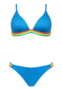Niebieski zestaw bikini z trójkątnym stanikiem i dopasowanym dołem. Akcentowany żywą tęczową wstawką u podstawy. Gładka tekstura.
