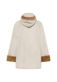 Bež jakna s kapuljačom i smeđim kordiranim obrubom na ovratniku i manžetama, prikazana s leđa.