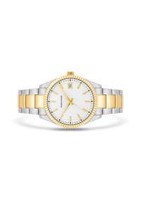 Reloj de acero inoxidable con un acabado bicolor en oro y plata, esfera blanca texturizada, marcadores de hora dorados y display de fecha a las 3 en punto.